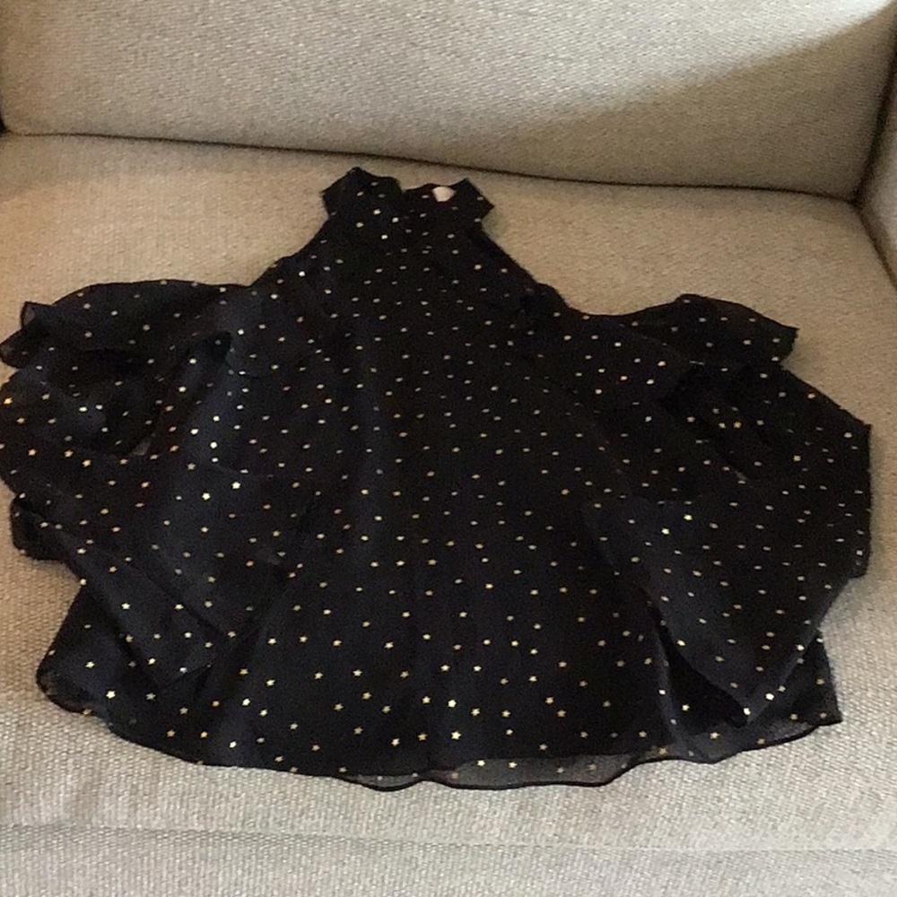 Amanda Uprichard cold shoulder top, black with gold stars, bell sleeve, size M